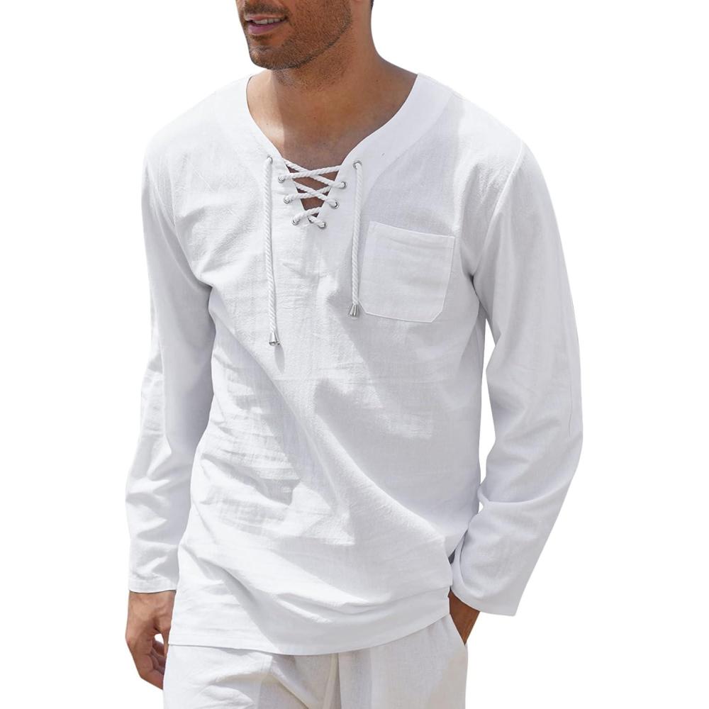imageCOOFANDY Mens Linen Beach Tee Shirts Cotton Hippie Shirts V Neck Long Sleeve Tunic Big and Tall Yoga ShirtWhite