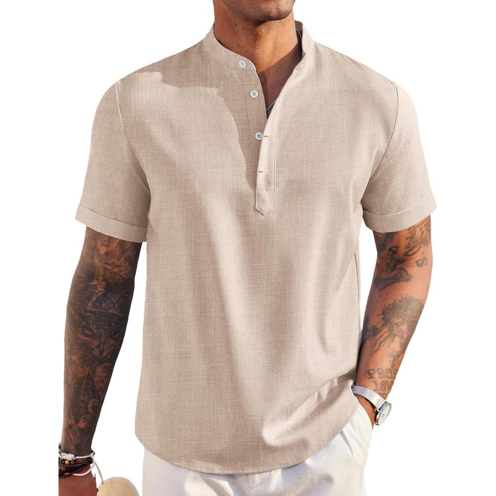 imageCOOFANDY Mens Linen Henley Shirt Short Sleeve Casual Summer Beach Hippie T ShirtsKhaki