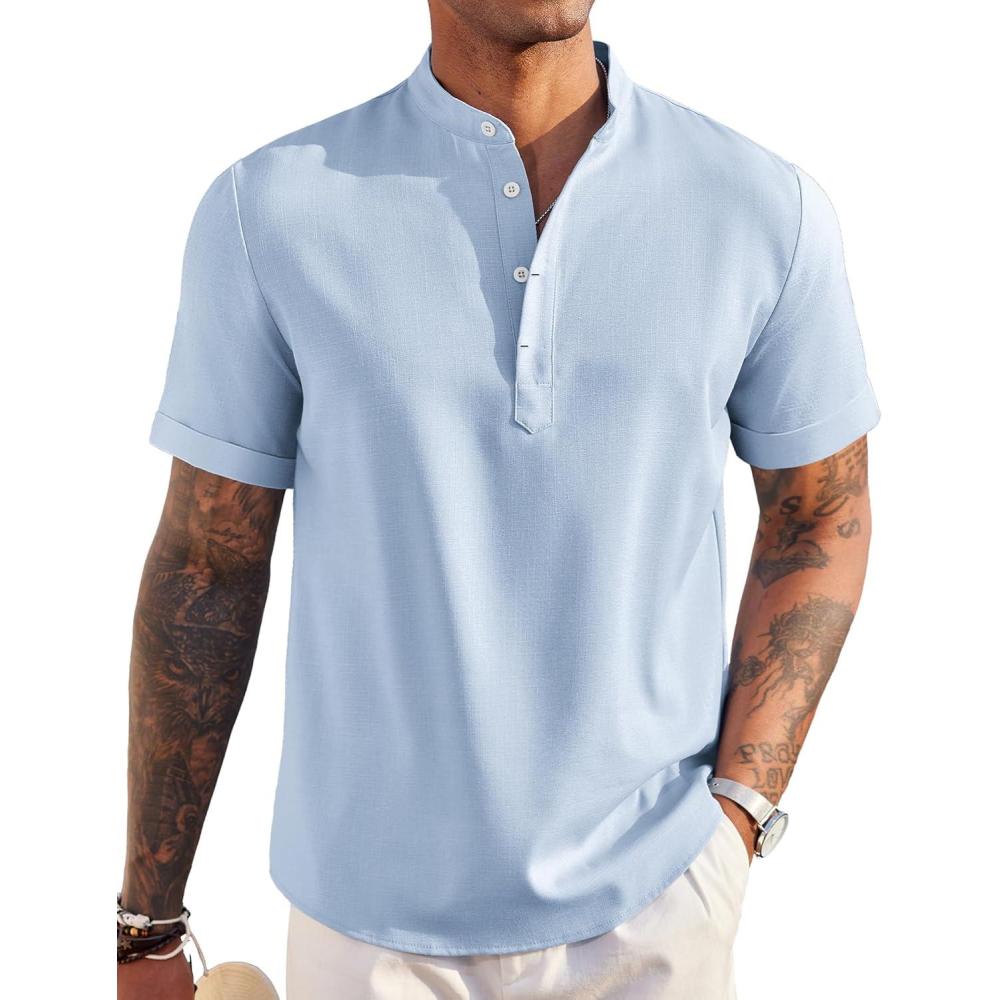 imageCOOFANDY Mens Linen Henley Shirt Short Sleeve Casual Summer Beach Hippie T ShirtsLight Blue