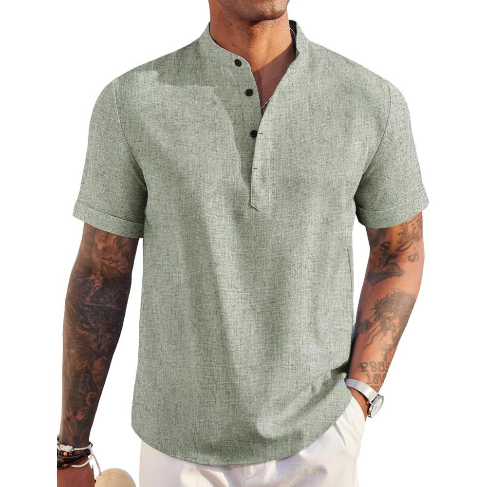 imageCOOFANDY Mens Linen Henley Shirt Short Sleeve Casual Summer Beach Hippie T ShirtsLight Green