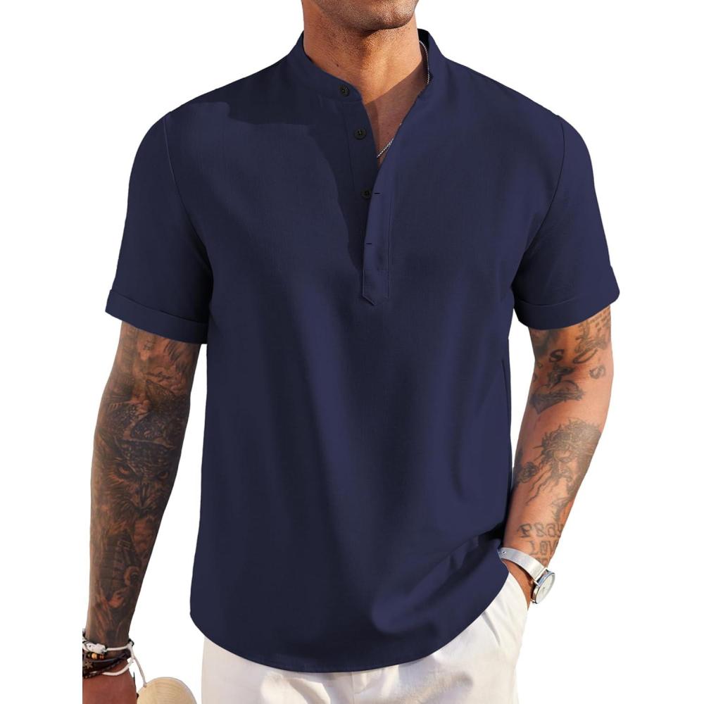 imageCOOFANDY Mens Linen Henley Shirt Short Sleeve Casual Summer Beach Hippie T ShirtsNavy Blue