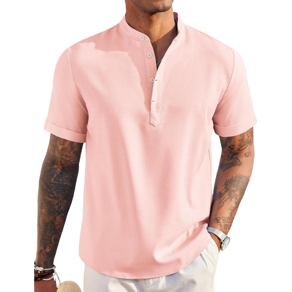 imageCOOFANDY Mens Linen Henley Shirt Short Sleeve Casual Summer Beach Hippie T ShirtsPink