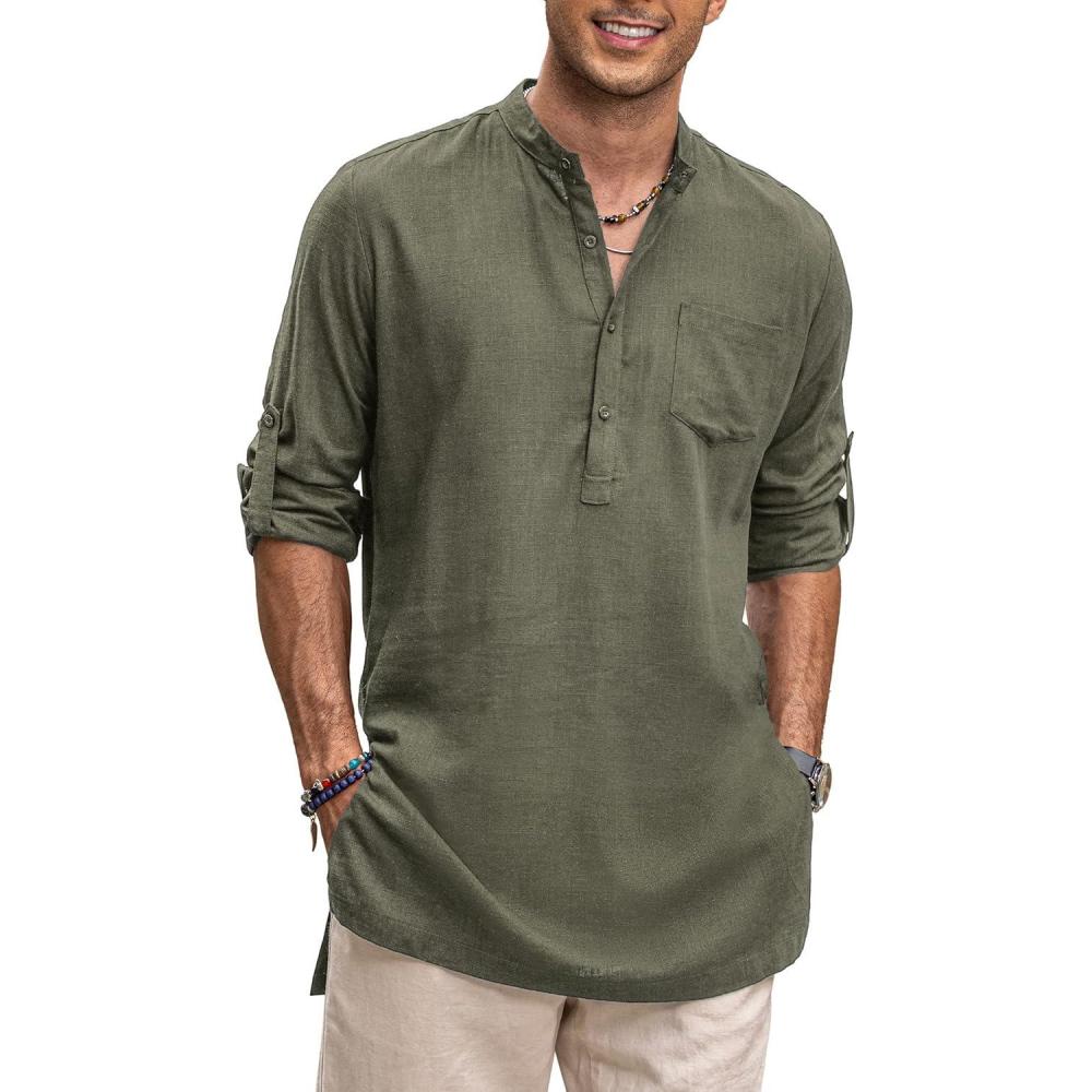 imageCOOFANDY Mens Linen Henley Shirts Long Sleeve Collarless TShirts Longline Kurta Beach Shirts with PocketArmy Green