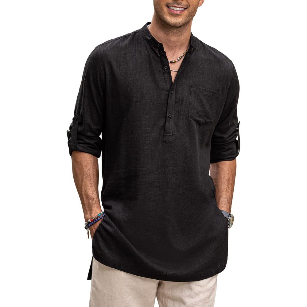 imageCOOFANDY Mens Linen Henley Shirts Long Sleeve Collarless TShirts Longline Kurta Beach Shirts with PocketBlack