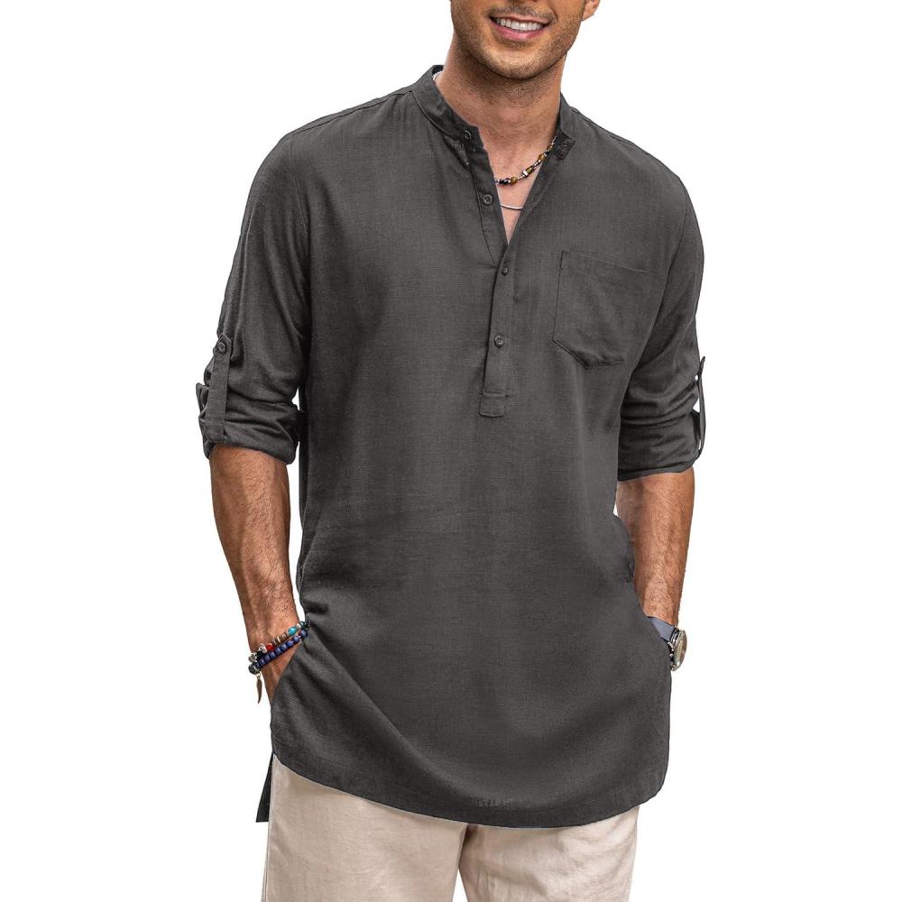 imageCOOFANDY Mens Linen Henley Shirts Long Sleeve Collarless TShirts Longline Kurta Beach Shirts with PocketDark Grey