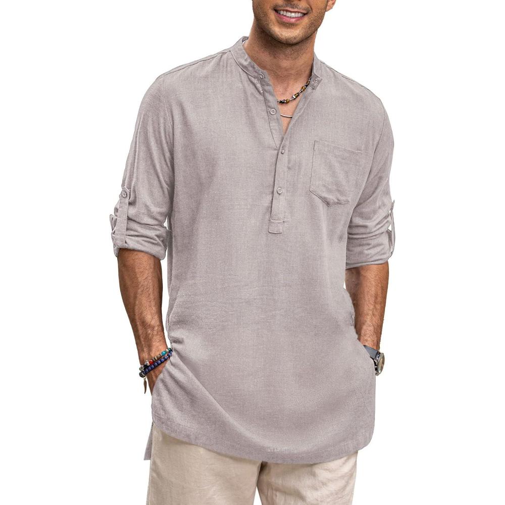 imageCOOFANDY Mens Linen Henley Shirts Long Sleeve Collarless TShirts Longline Kurta Beach Shirts with PocketGrey