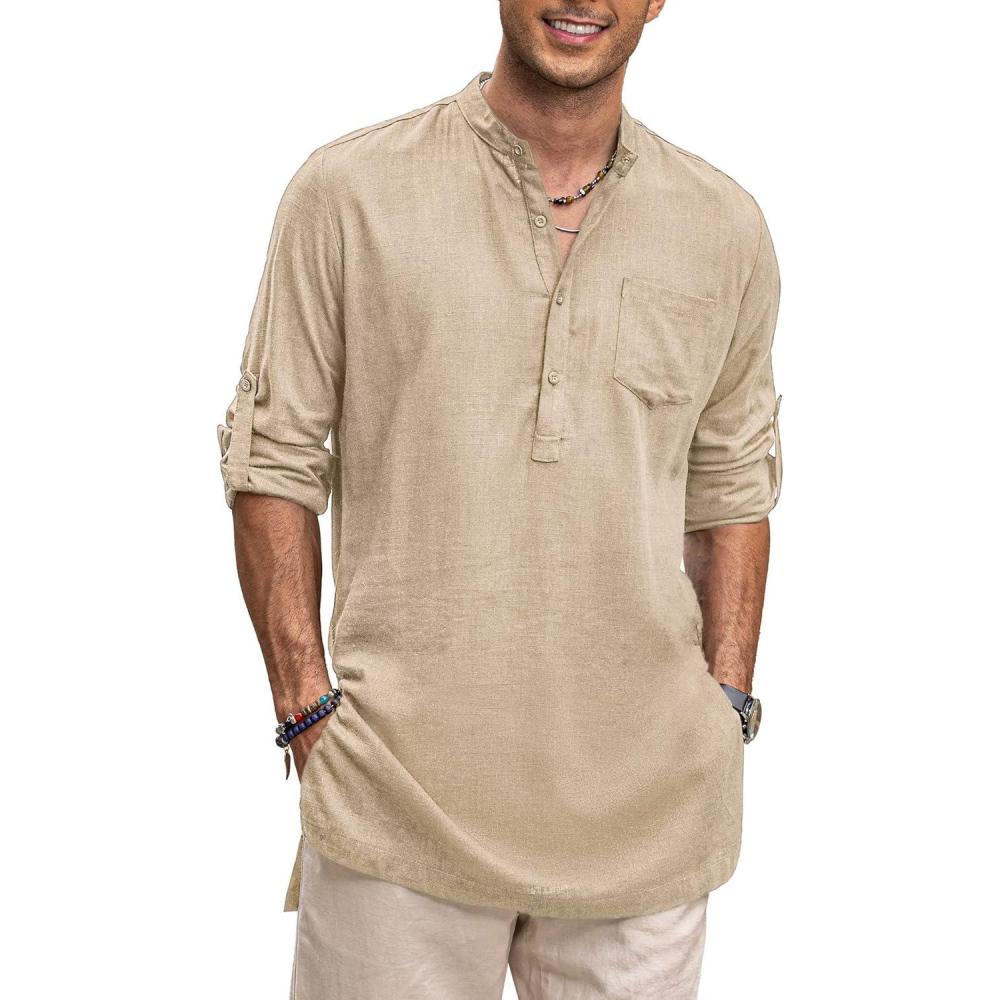 imageCOOFANDY Mens Linen Henley Shirts Long Sleeve Collarless TShirts Longline Kurta Beach Shirts with PocketKhaki