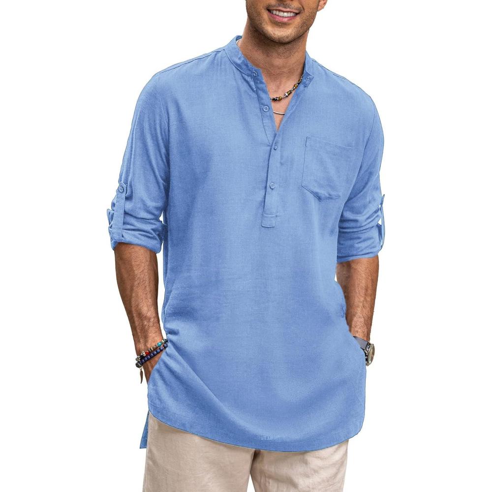 imageCOOFANDY Mens Linen Henley Shirts Long Sleeve Collarless TShirts Longline Kurta Beach Shirts with PocketLight Blue