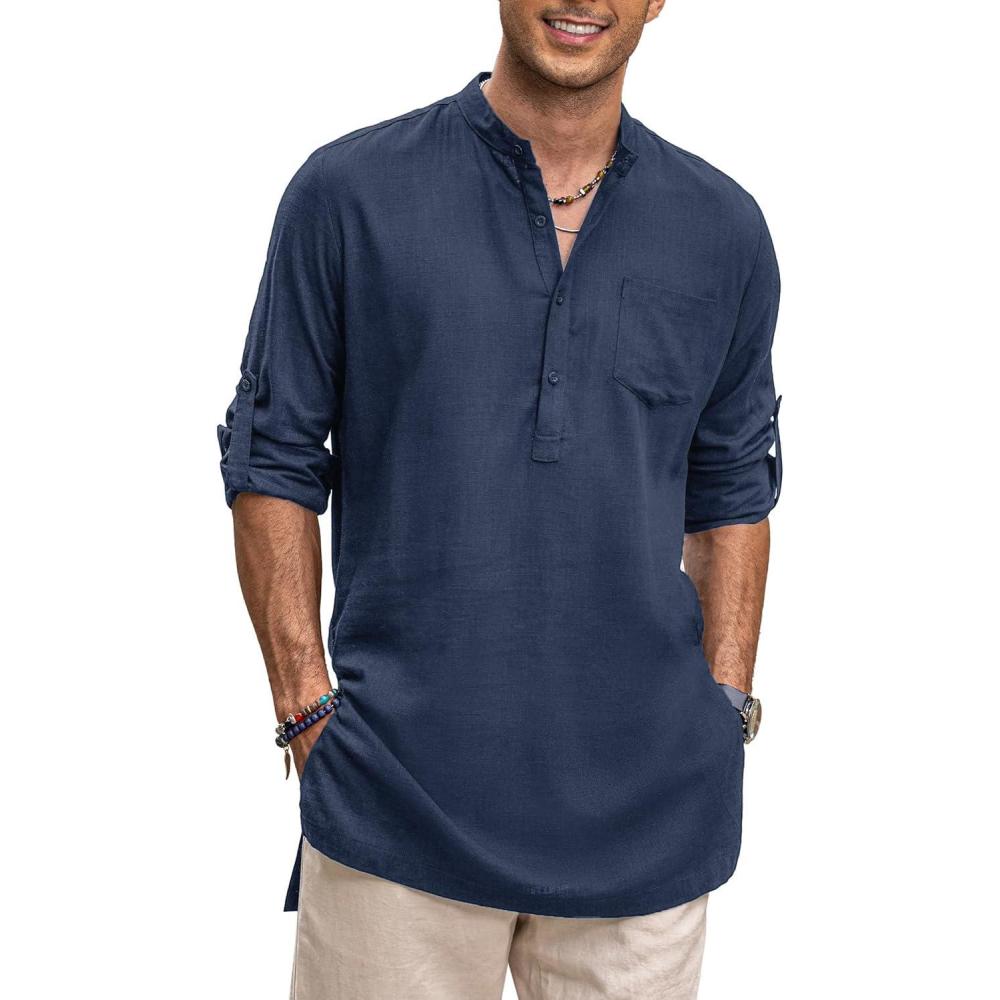 imageCOOFANDY Mens Linen Henley Shirts Long Sleeve Collarless TShirts Longline Kurta Beach Shirts with PocketNavy Blue