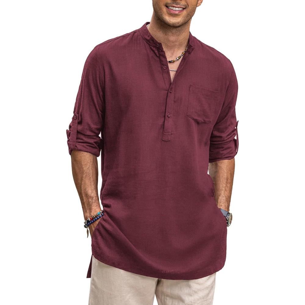 imageCOOFANDY Mens Linen Henley Shirts Long Sleeve Collarless TShirts Longline Kurta Beach Shirts with PocketWine Red