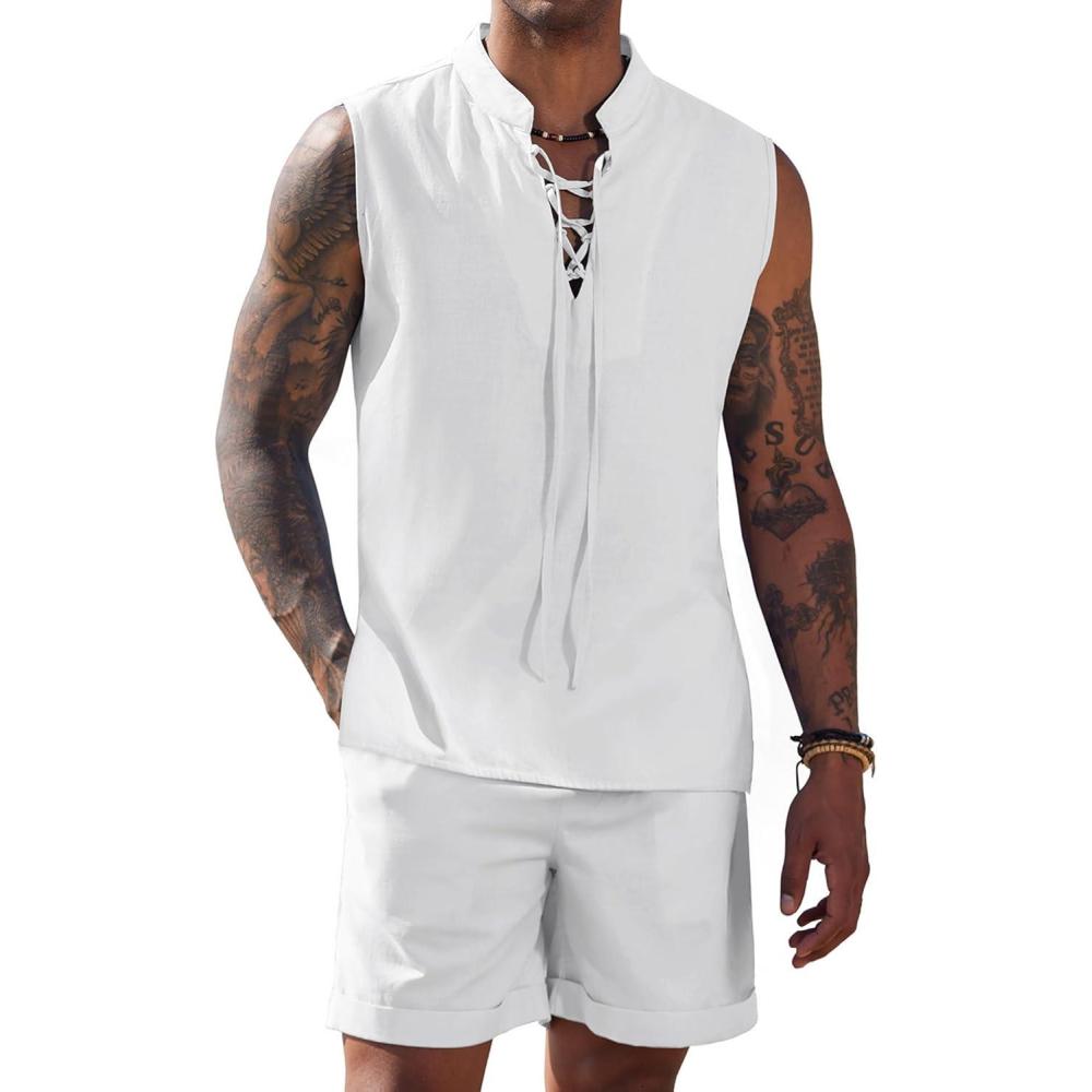 imageCOOFANDY Mens Linen Sets 2 Piece Beach Outfits Lace Up Hippie Tank Tops Summer Casual Sleeveless Shirts Matching Shorts Set1white