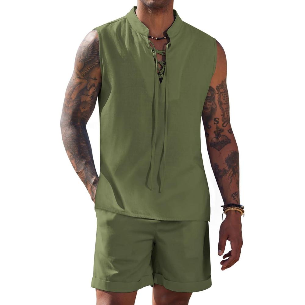 imageCOOFANDY Mens Linen Sets 2 Piece Beach Outfits Lace Up Hippie Tank Tops Summer Casual Sleeveless Shirts Matching Shorts SetArmy Green