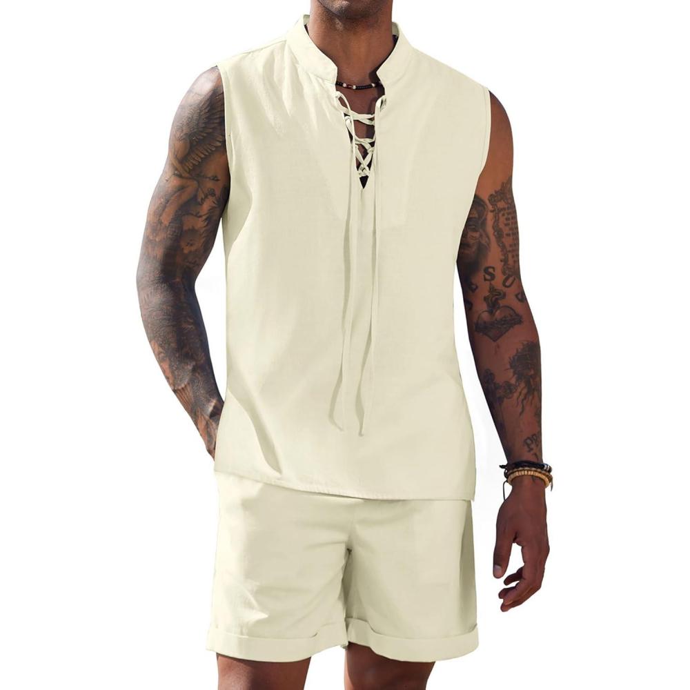 imageCOOFANDY Mens Linen Sets 2 Piece Beach Outfits Lace Up Hippie Tank Tops Summer Casual Sleeveless Shirts Matching Shorts SetBeige