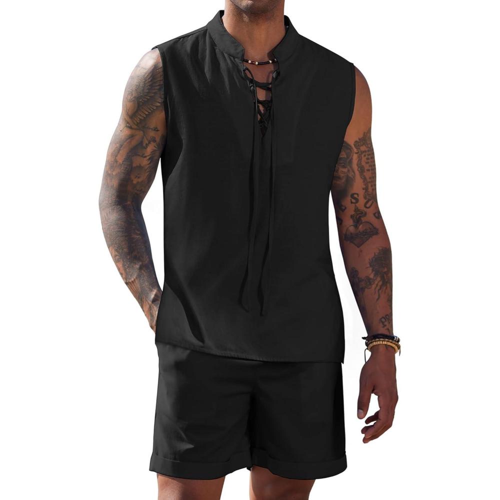 imageCOOFANDY Mens Linen Sets 2 Piece Beach Outfits Lace Up Hippie Tank Tops Summer Casual Sleeveless Shirts Matching Shorts SetBlack