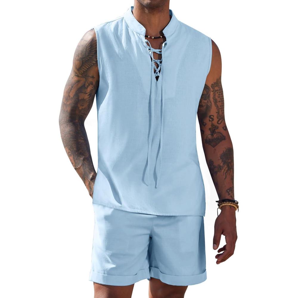 imageCOOFANDY Mens Linen Sets 2 Piece Beach Outfits Lace Up Hippie Tank Tops Summer Casual Sleeveless Shirts Matching Shorts SetBlue