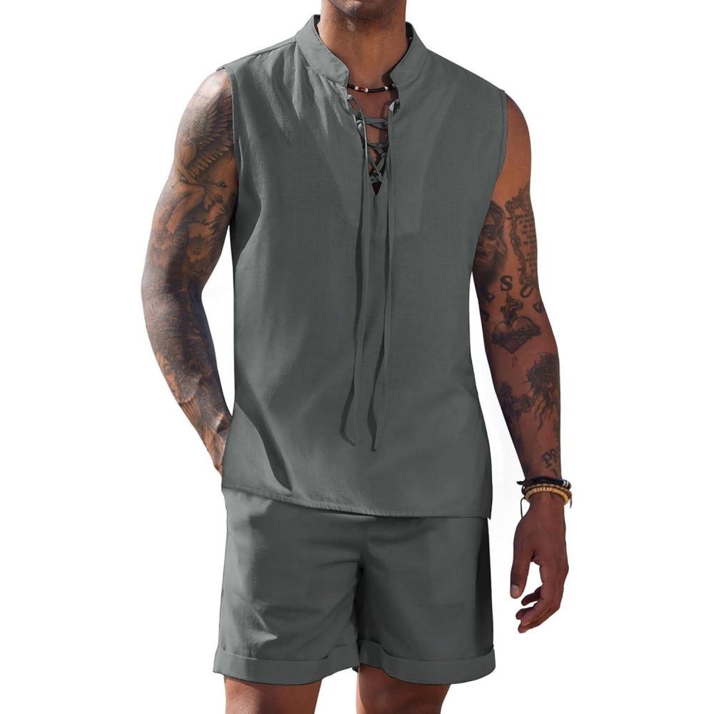 imageCOOFANDY Mens Linen Sets 2 Piece Beach Outfits Lace Up Hippie Tank Tops Summer Casual Sleeveless Shirts Matching Shorts SetDark Grey