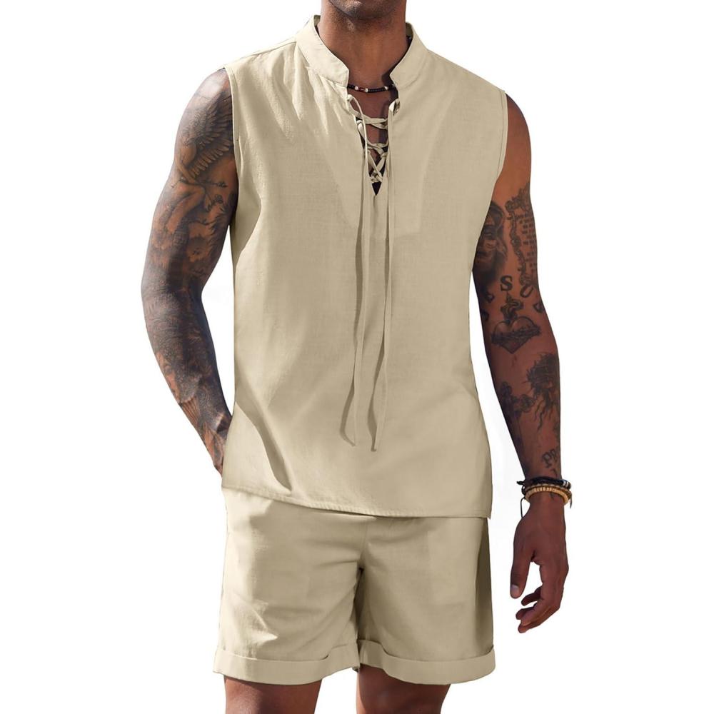 imageCOOFANDY Mens Linen Sets 2 Piece Beach Outfits Lace Up Hippie Tank Tops Summer Casual Sleeveless Shirts Matching Shorts SetKhaki