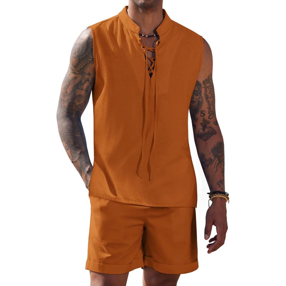 imageCOOFANDY Mens Linen Sets 2 Piece Beach Outfits Lace Up Hippie Tank Tops Summer Casual Sleeveless Shirts Matching Shorts SetOrange