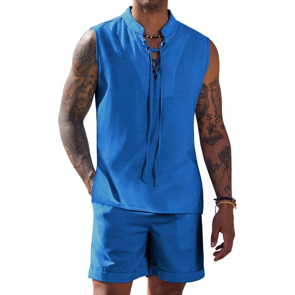 imageCOOFANDY Mens Linen Sets 2 Piece Beach Outfits Lace Up Hippie Tank Tops Summer Casual Sleeveless Shirts Matching Shorts SetRoyal Blue