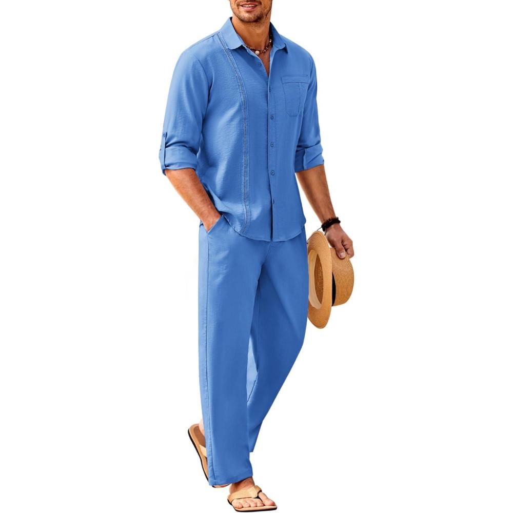 imageCOOFANDY Mens Linen Sets 2 Piece Long Sleeve Button Down Cuban Shirt and Pants Set Summer Beach Set OutfitsBlue