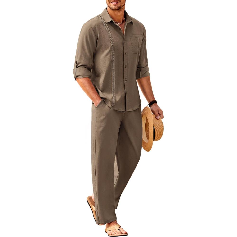 imageCOOFANDY Mens Linen Sets 2 Piece Long Sleeve Button Down Cuban Shirt and Pants Set Summer Beach Set OutfitsBrown