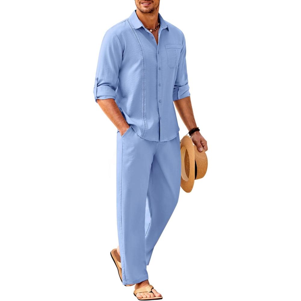 imageCOOFANDY Mens Linen Sets 2 Piece Long Sleeve Button Down Cuban Shirt and Pants Set Summer Beach Set OutfitsLight Blue