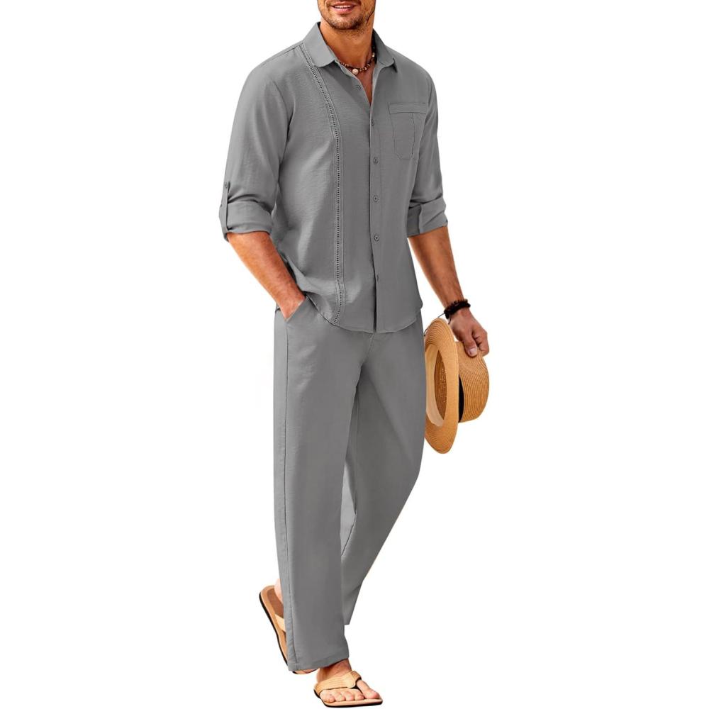 imageCOOFANDY Mens Linen Sets 2 Piece Long Sleeve Button Down Cuban Shirt and Pants Set Summer Beach Set OutfitsLight Grey
