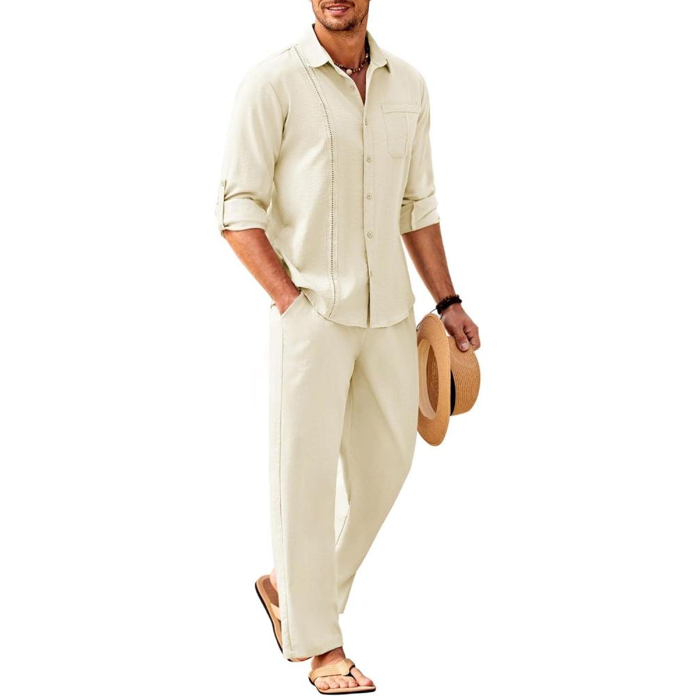 imageCOOFANDY Mens Linen Sets 2 Piece Long Sleeve Button Down Cuban Shirt and Pants Set Summer Beach Set OutfitsLight Khaki