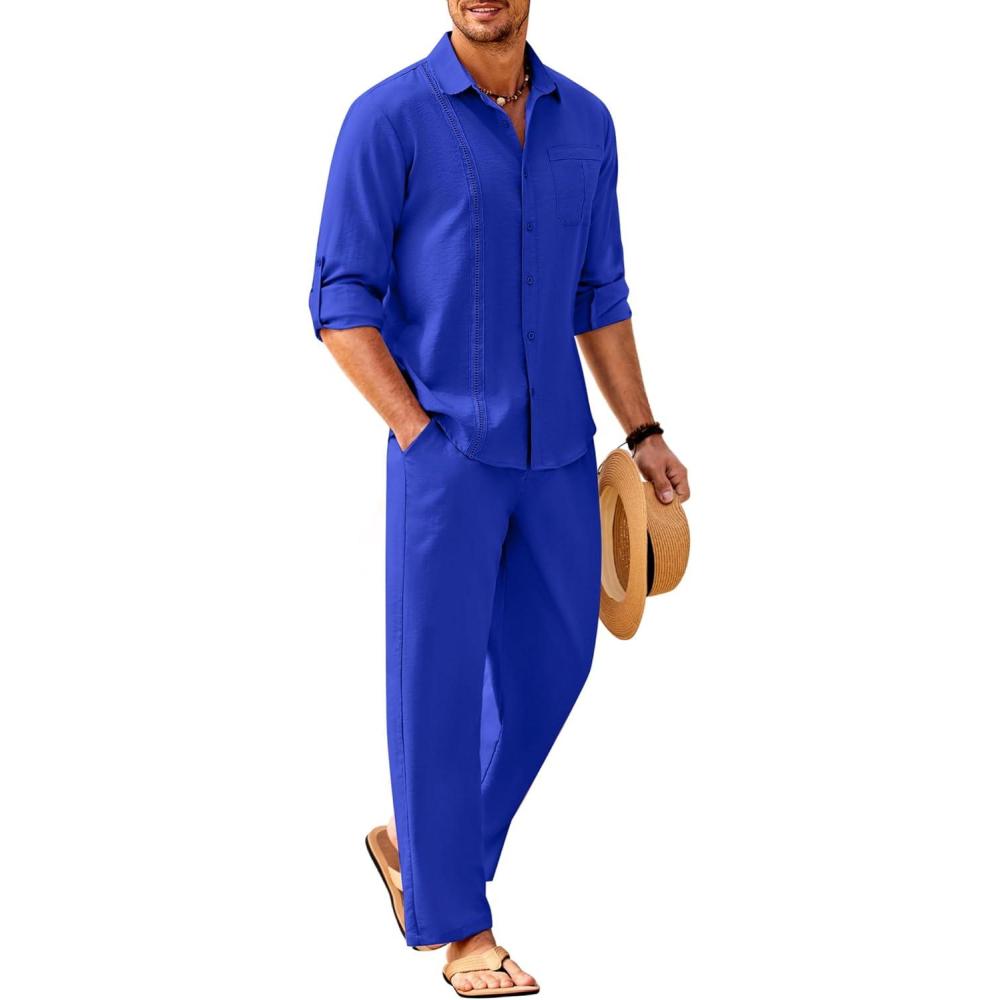 imageCOOFANDY Mens Linen Sets 2 Piece Long Sleeve Button Down Cuban Shirt and Pants Set Summer Beach Set OutfitsRoyal Blue