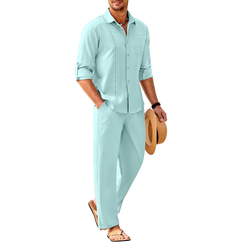 imageCOOFANDY Mens Linen Sets 2 Piece Long Sleeve Button Down Cuban Shirt and Pants Set Summer Beach Set OutfitsSky Blue