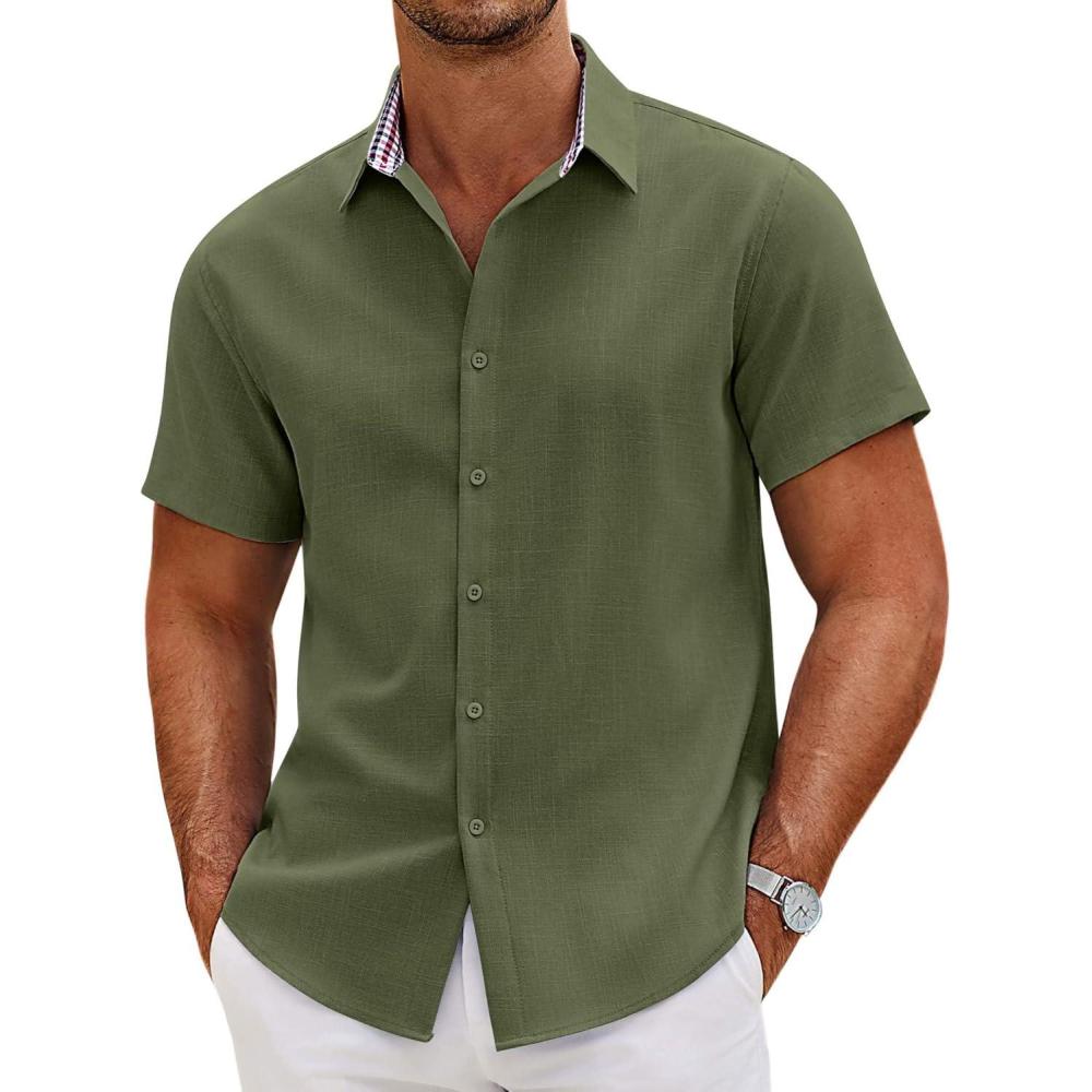 imageCOOFANDY Mens Linen Shirt Casual Short Sleeve Button Down Shirts Summer Beach Vacation TopsArmy Green