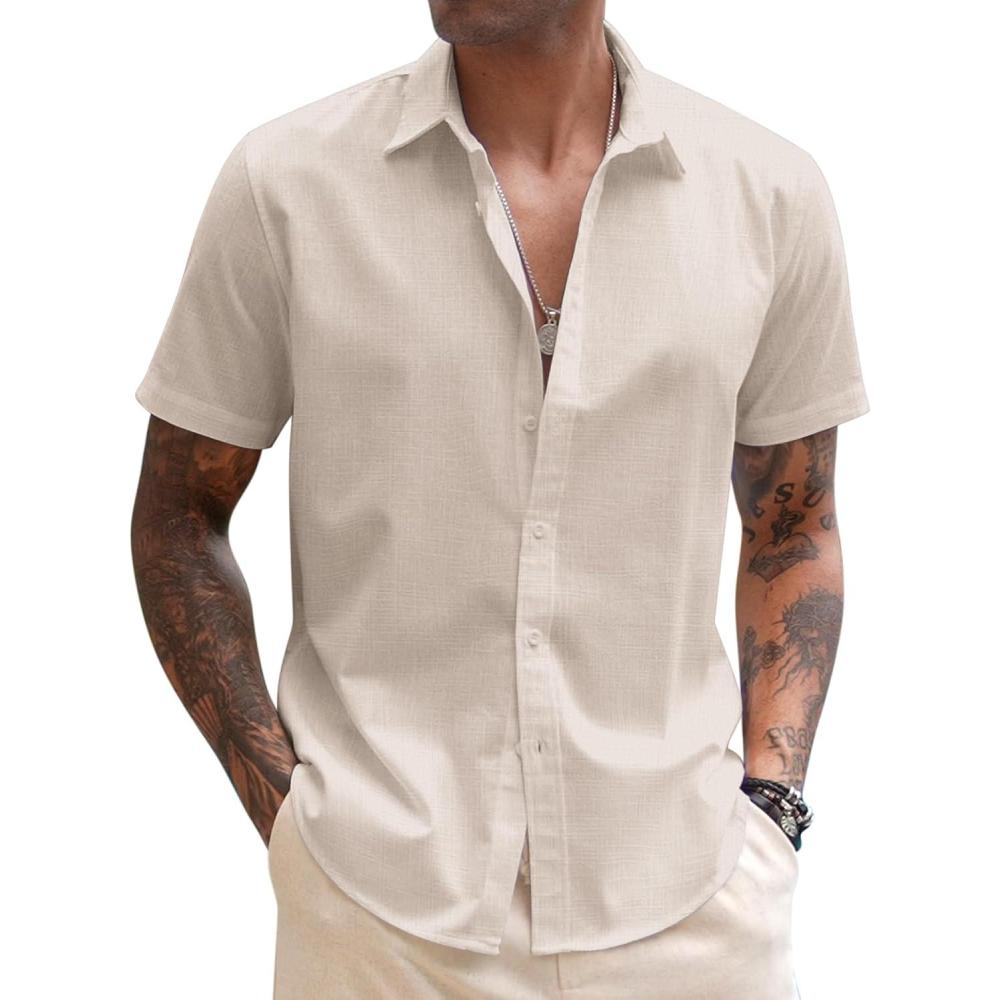 imageCOOFANDY Mens Linen Shirt Casual Short Sleeve Button Down Shirts Summer Beach Vacation TopsChampagne