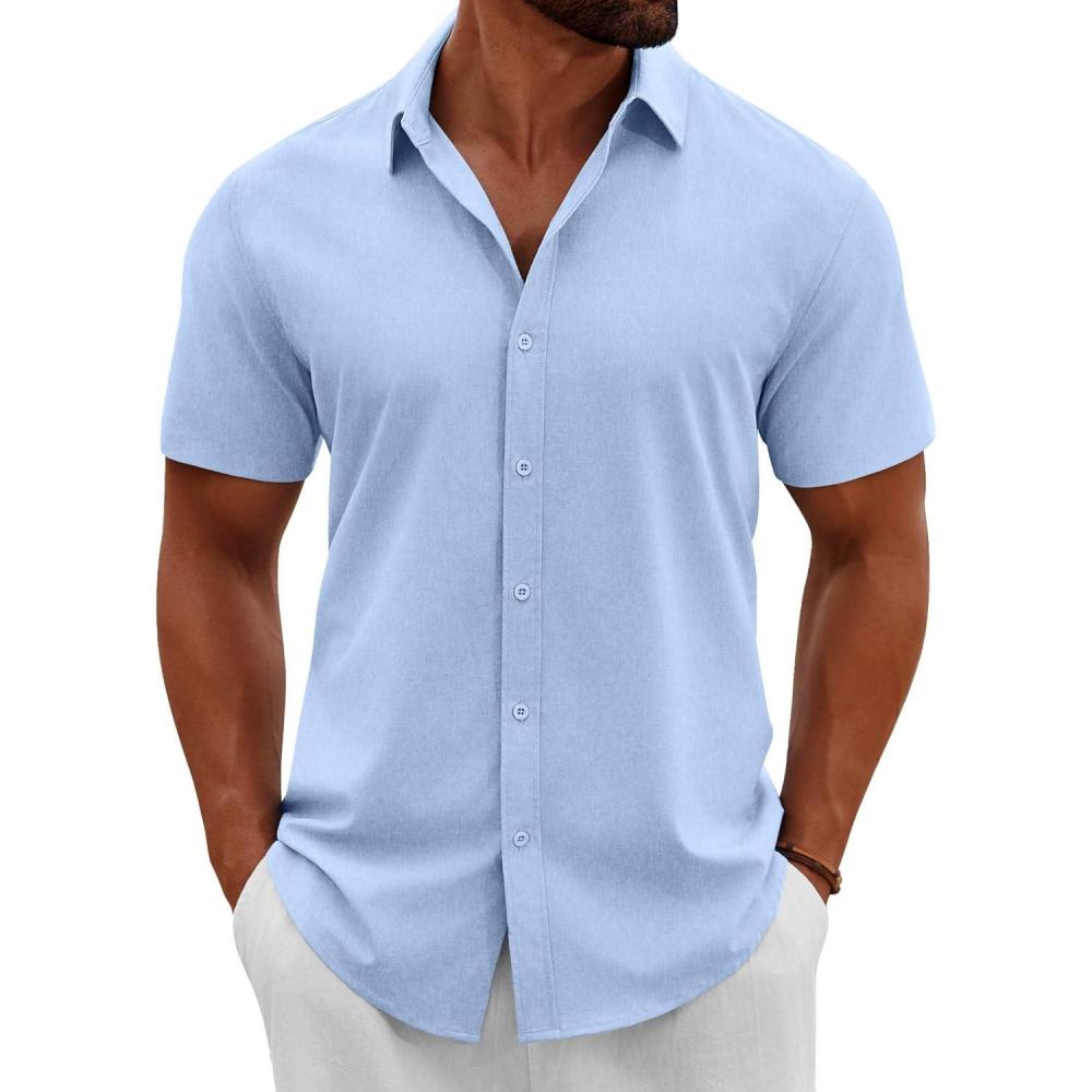 imageCOOFANDY Mens Linen Shirt Casual Short Sleeve Button Down Shirts Summer Beach Vacation TopsClear Blue