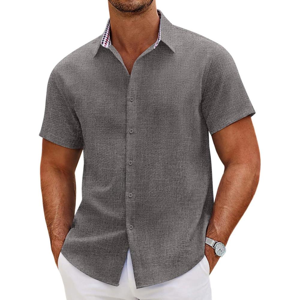 imageCOOFANDY Mens Linen Shirt Casual Short Sleeve Button Down Shirts Summer Beach Vacation TopsDark Gray