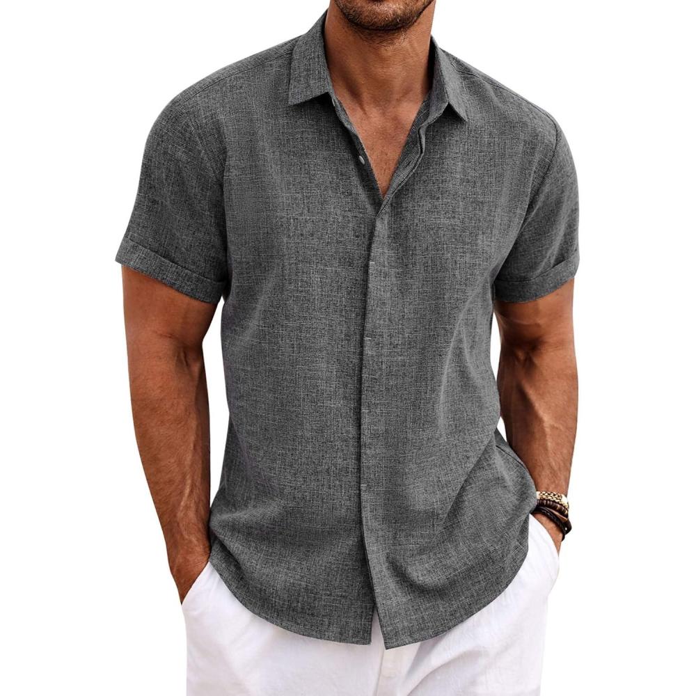 imageCOOFANDY Mens Linen Shirt Casual Short Sleeve Button Down Shirts Summer Beach Vacation TopsDark Grey