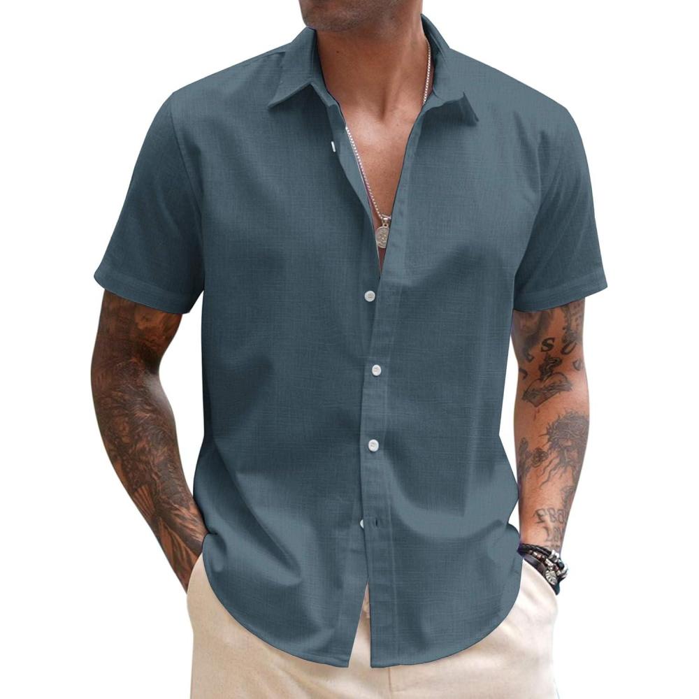 imageCOOFANDY Mens Linen Shirt Casual Short Sleeve Button Down Shirts Summer Beach Vacation TopsDeep Blue