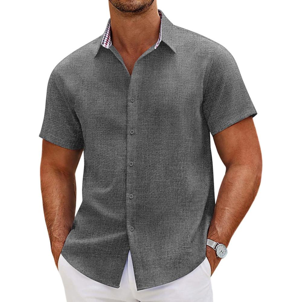 imageCOOFANDY Mens Linen Shirt Casual Short Sleeve Button Down Shirts Summer Beach Vacation TopsGray
