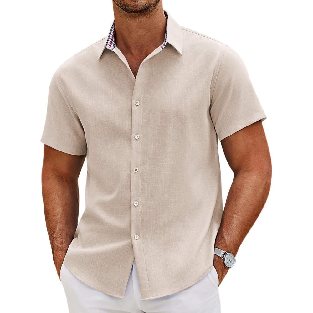 imageCOOFANDY Mens Linen Shirt Casual Short Sleeve Button Down Shirts Summer Beach Vacation TopsKhaki