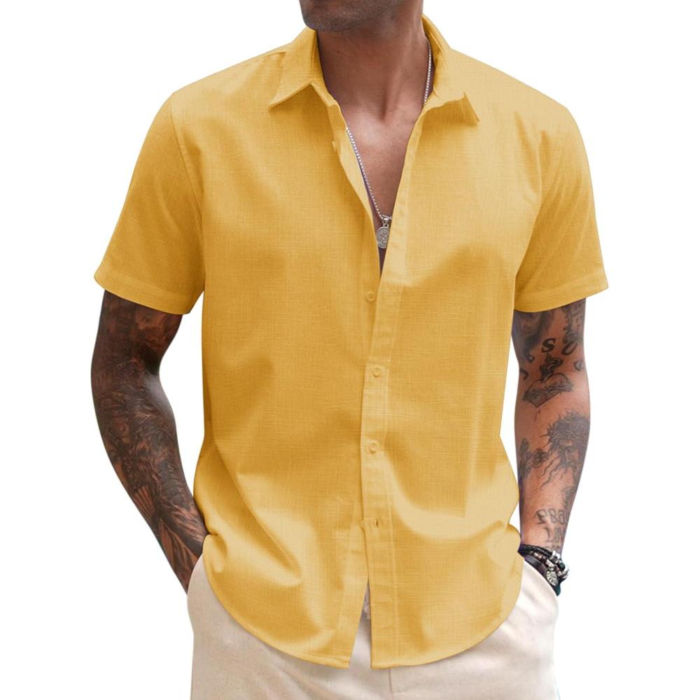 imageCOOFANDY Mens Linen Shirt Casual Short Sleeve Button Down Shirts Summer Beach Vacation TopsLemon Chrome