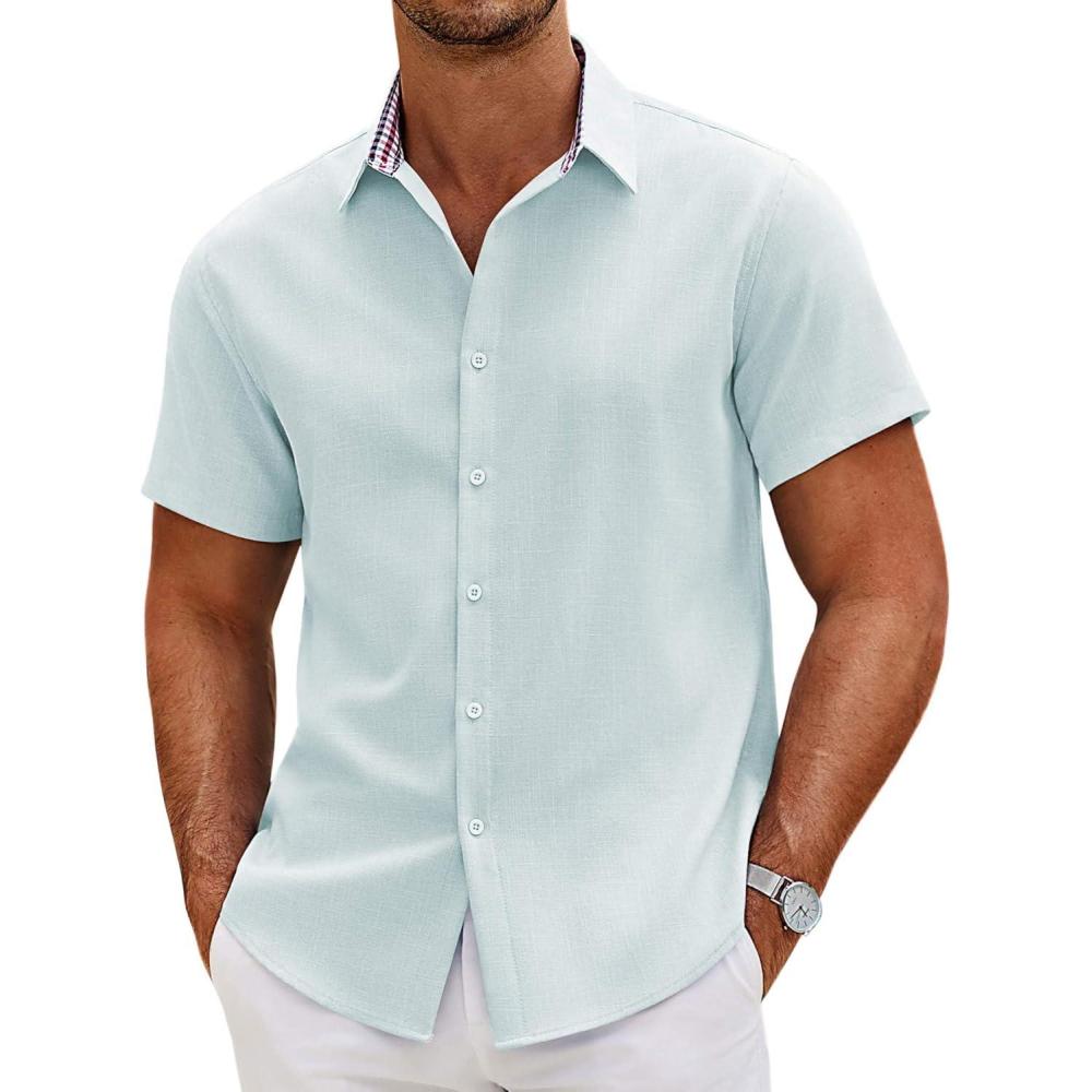 imageCOOFANDY Mens Linen Shirt Casual Short Sleeve Button Down Shirts Summer Beach Vacation TopsLight Blue