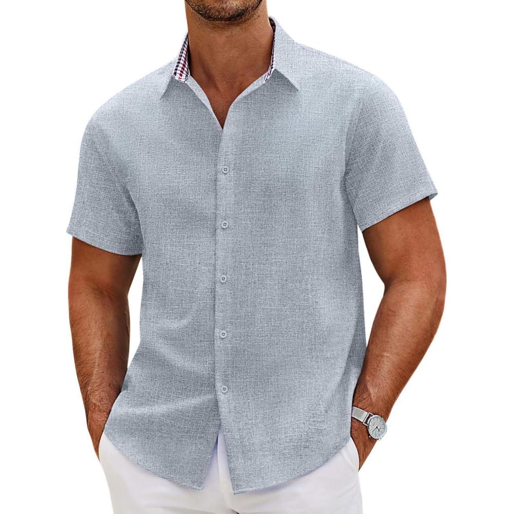 imageCOOFANDY Mens Linen Shirt Casual Short Sleeve Button Down Shirts Summer Beach Vacation TopsNavy