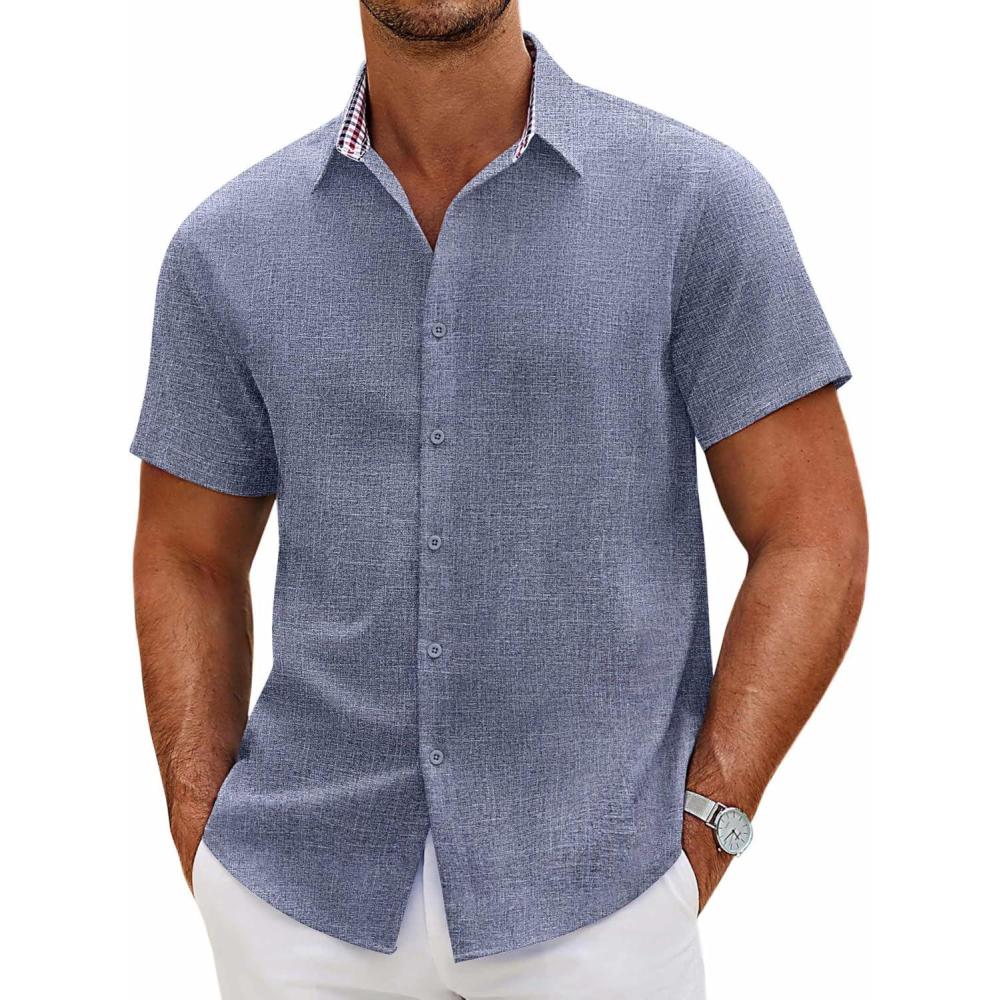 imageCOOFANDY Mens Linen Shirt Casual Short Sleeve Button Down Shirts Summer Beach Vacation TopsNavy Blue