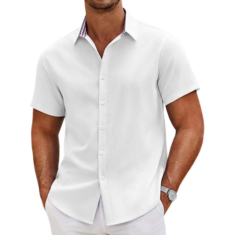 imageCOOFANDY Mens Linen Shirt Casual Short Sleeve Button Down Shirts Summer Beach Vacation TopsWhite