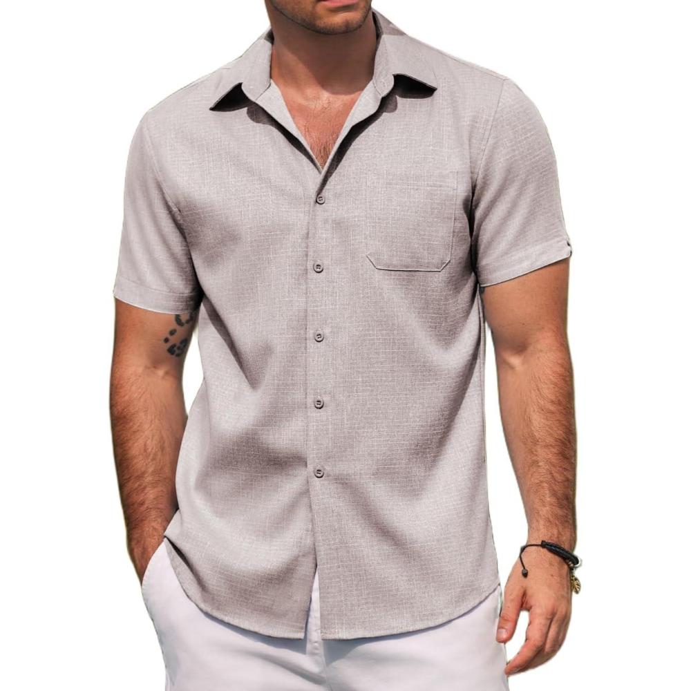 imageCOOFANDY Mens Linen Shirts Short Sleeve Casual Shirts Summer Beach Button Down Shirts with PocketChampagne