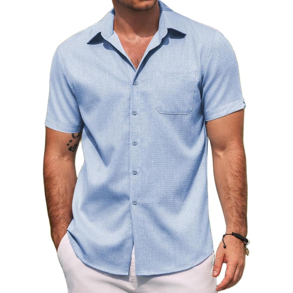 imageCOOFANDY Mens Linen Shirts Short Sleeve Casual Shirts Summer Beach Button Down Shirts with PocketClear Blue