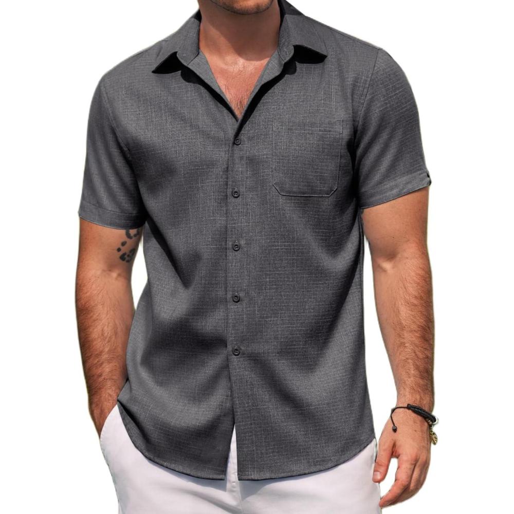 imageCOOFANDY Mens Linen Shirts Short Sleeve Casual Shirts Summer Beach Button Down Shirts with PocketDark Grey