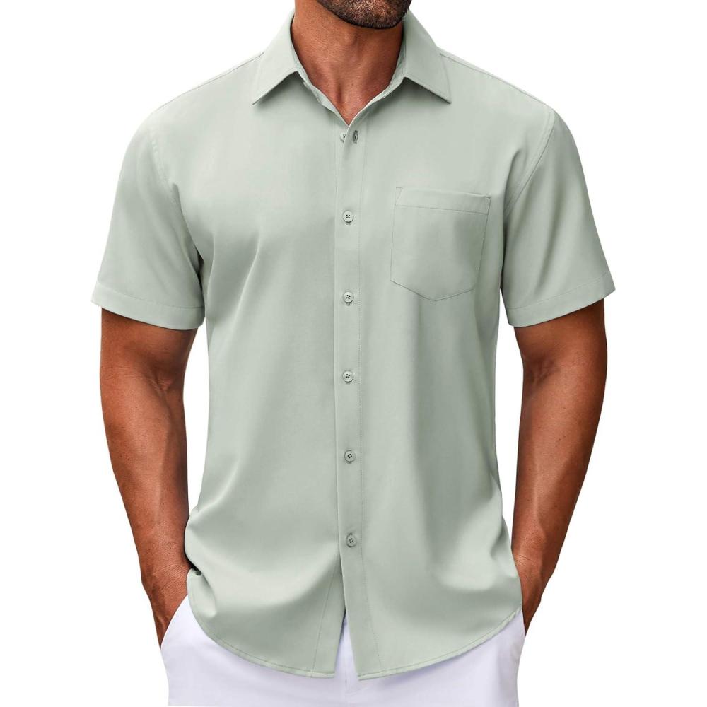 imageCOOFANDY Mens Linen Shirts Short Sleeve Casual Shirts Summer Beach Button Down Shirts with PocketLight Green