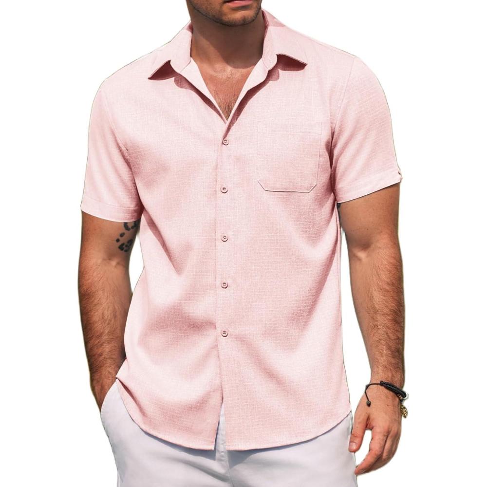 imageCOOFANDY Mens Linen Shirts Short Sleeve Casual Shirts Summer Beach Button Down Shirts with PocketLight Pink