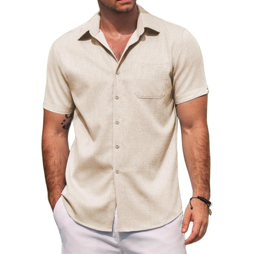 imageCOOFANDY Mens Linen Shirts Short Sleeve Casual Shirts Summer Beach Button Down Shirts with PocketNude
