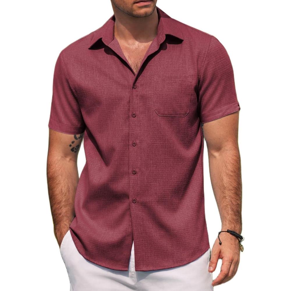 imageCOOFANDY Mens Linen Shirts Short Sleeve Casual Shirts Summer Beach Button Down Shirts with PocketWine Red